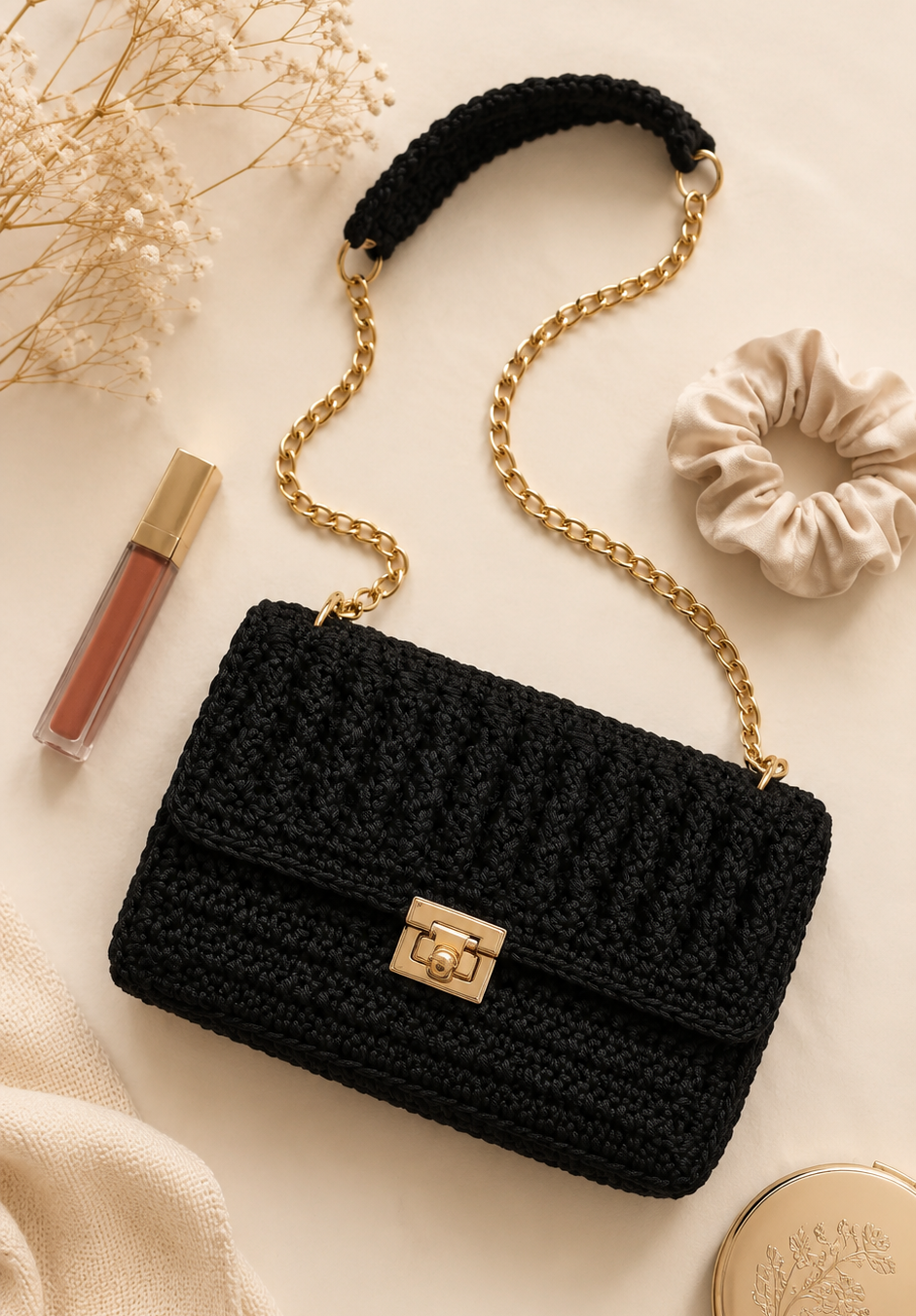 Black knitted handbag with gold chain on a light beige background