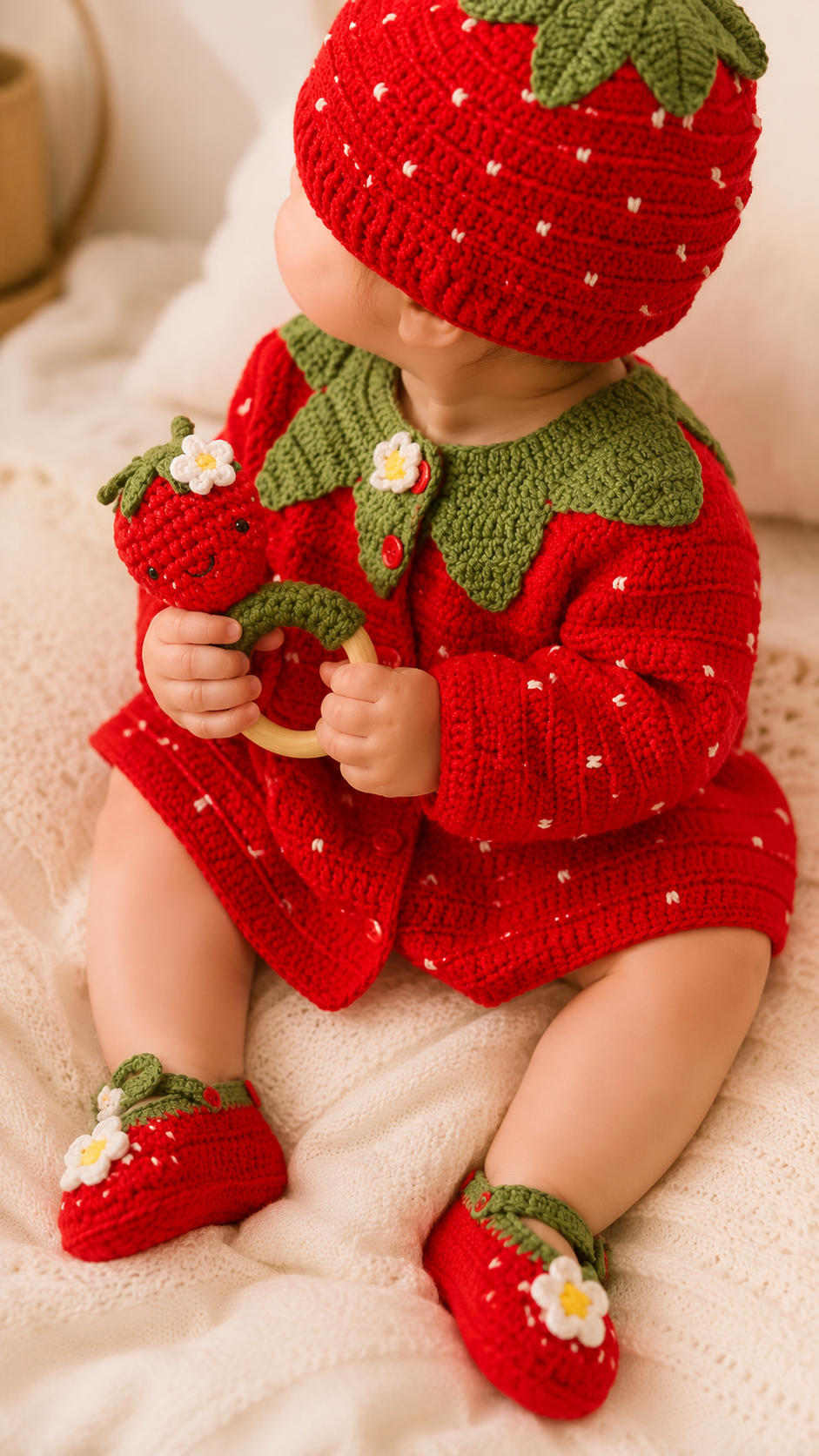 Baby in a strawberry-themed outfit with a red hat, dress, and shoes on a soft surface.
