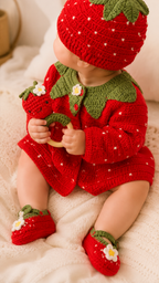 Baby in a strawberry-themed outfit with a red hat, dress, and shoes on a soft surface.